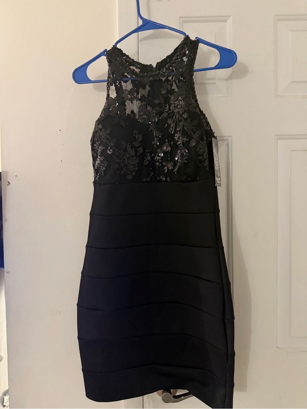 Sequin Hearts Black Lace Halter Mini Dress